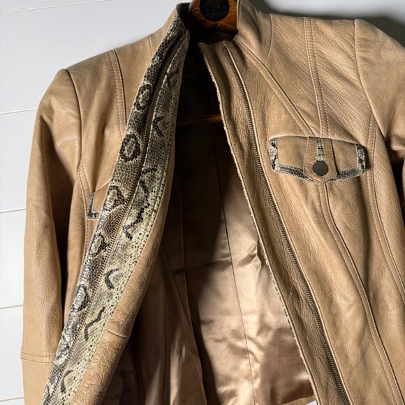 ETCETERA Leather Jacket- Sz 2 Tan with Snakeskin Look Trim, Deco Stitching,... - Picture 5 of 12